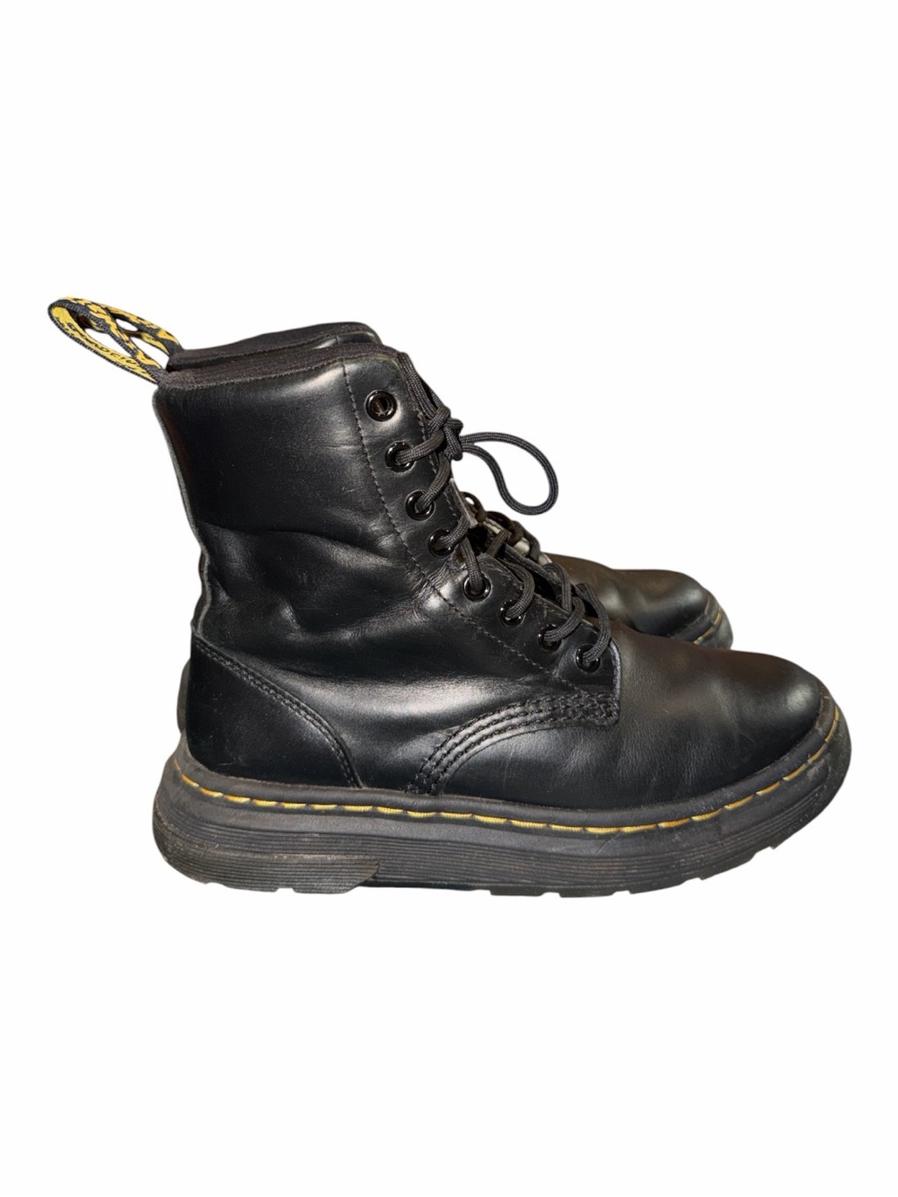 Dr. Martens Black Leather Combat Boots with Yellow Stitching